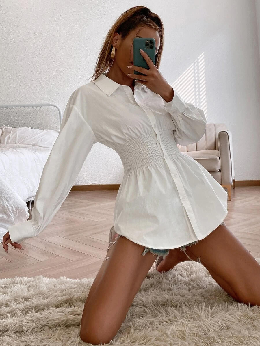 GENKIRA Shirred Waist Drop Shoulder Shirt - White - View 1