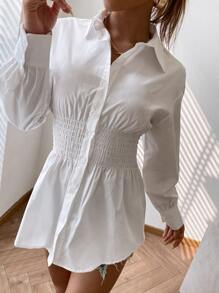 GENKIRA Shirred Waist Drop Shoulder Shirt - White - View 3