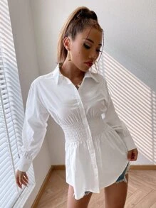 GENKIRA Shirred Waist Drop Shoulder Shirt - White - View 5