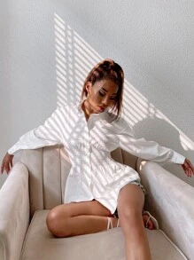 GENKIRA Shirred Waist Drop Shoulder Shirt - White - View 6