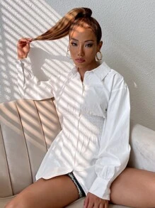 GENKIRA Shirred Waist Drop Shoulder Shirt - White - View 7