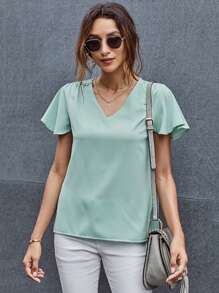V領蝴蝶袖弧形下擺襯衫 - 薄荷綠 - 查看 1