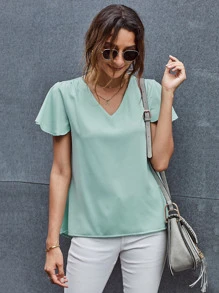 V領蝴蝶袖弧形下擺襯衫 - 薄荷綠 - 查看 4
