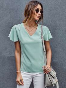 V領蝴蝶袖弧形下擺襯衫 - 薄荷綠 - 查看 5