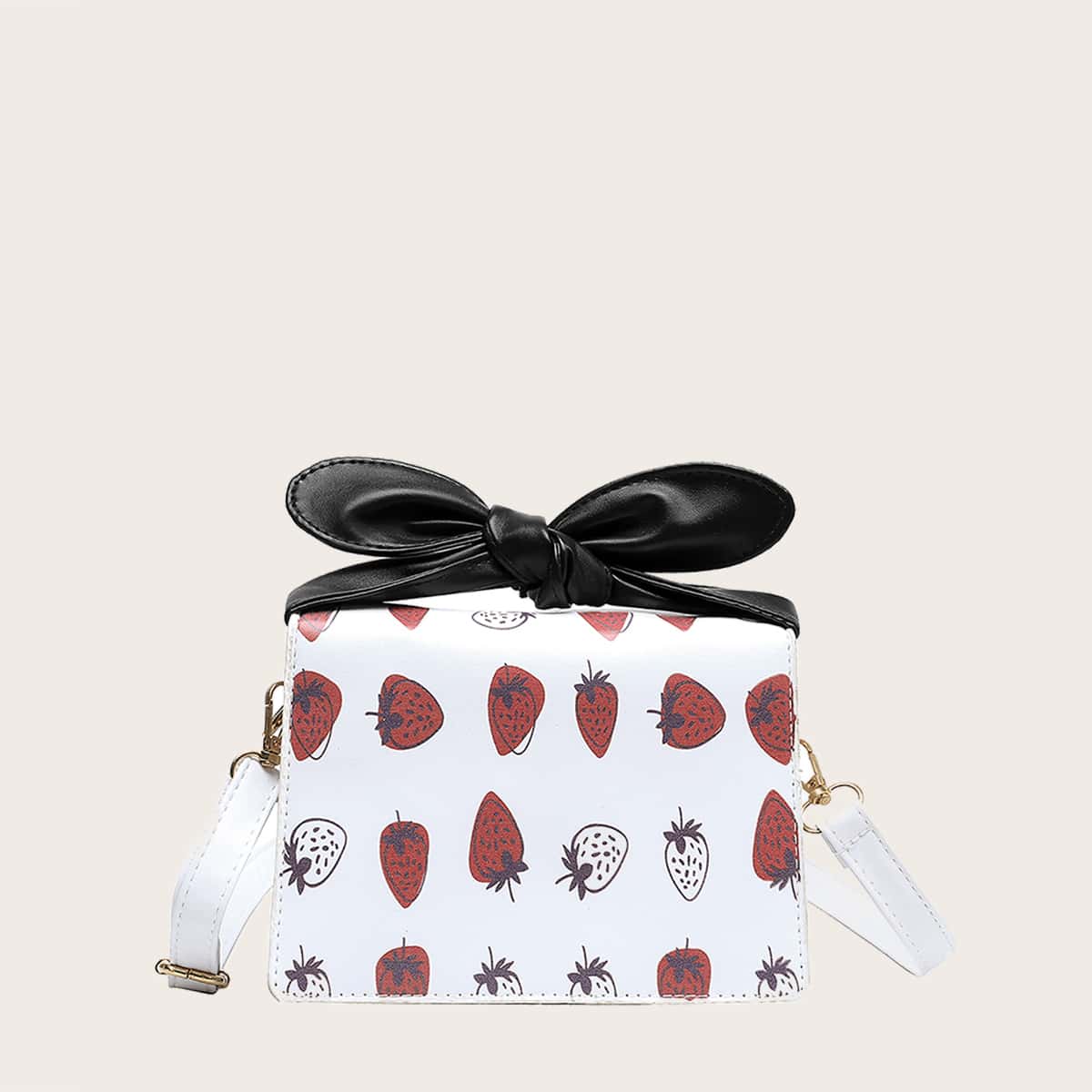 

Strawberry Knot Handle Satchel Bag, Black and white