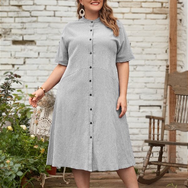 

Plus Button Front Gingham Dress, Black and white