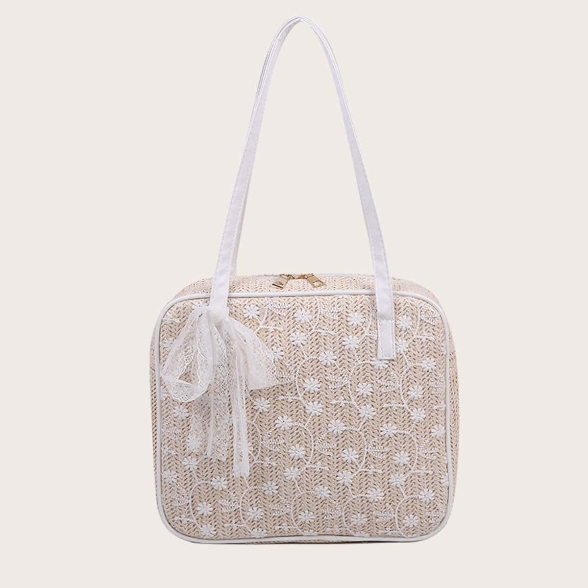 

Floral Pattern Straw Bag, Khaki