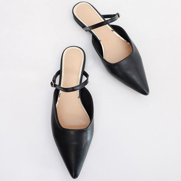 

Point Toe Buckle Strap Flat Mules, Black