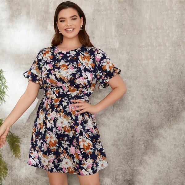 

Plus Flounce Sleeve Open Back Floral Dress, Multicolor