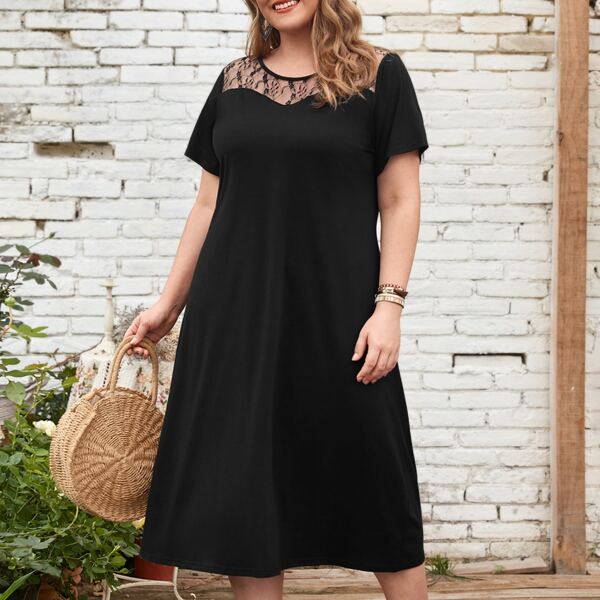 

Plus Contrast Lace Solid Tee Dress, Black