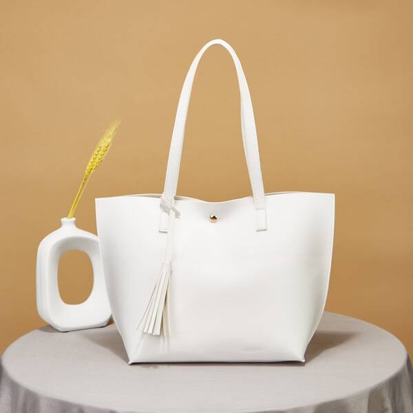 

Tassel Charm Tote Bag, White