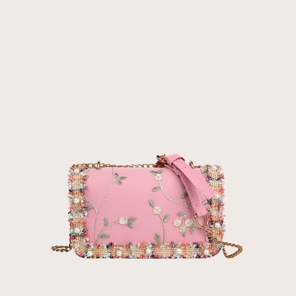 

Floral Embroidery Faux Pearl Trim Crossbody Bag, Pink