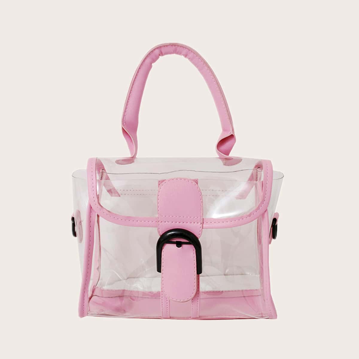 

Clear Buckle Decor Flap Satchel Bag, Pink clear