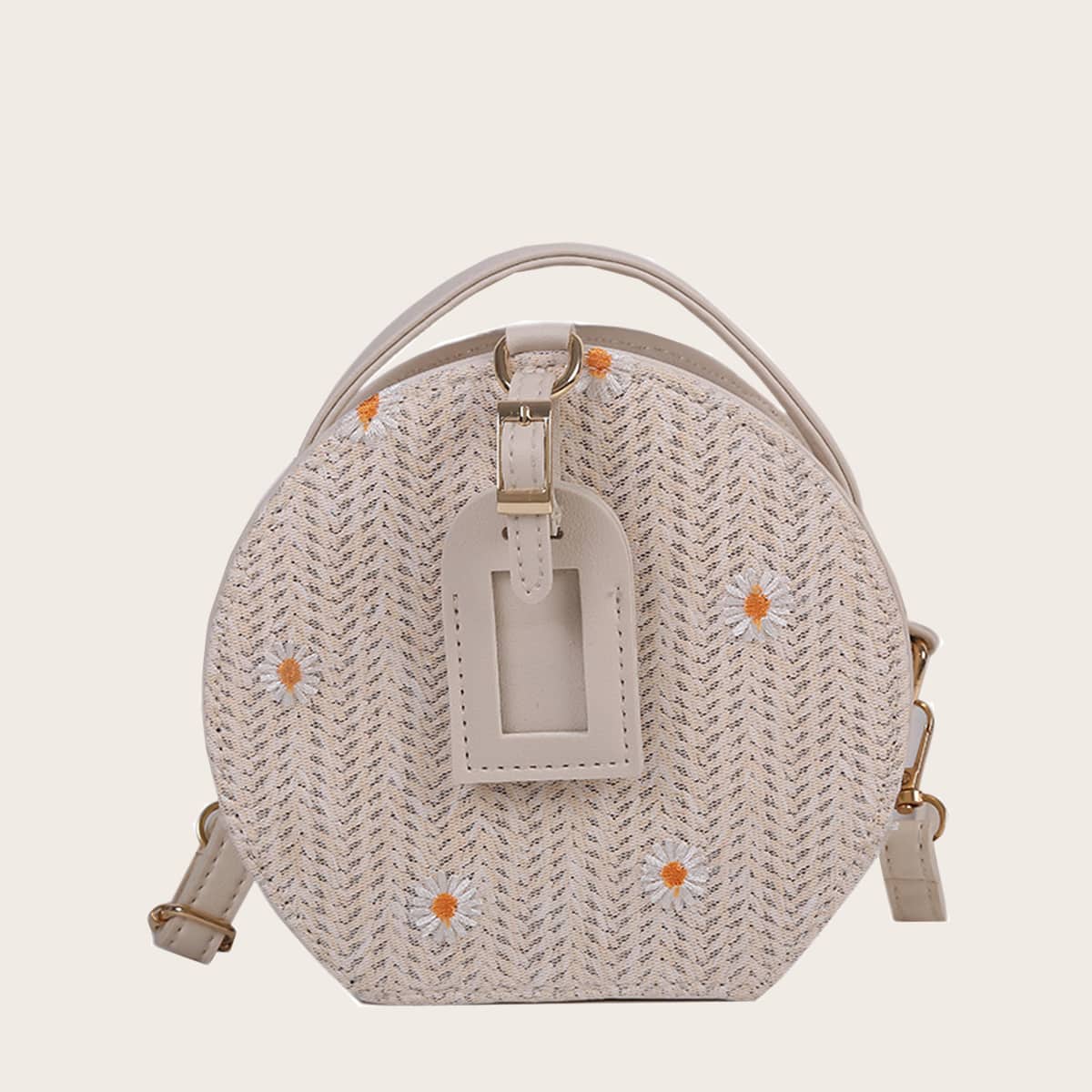 

Calico Print Straw Bag, Beige