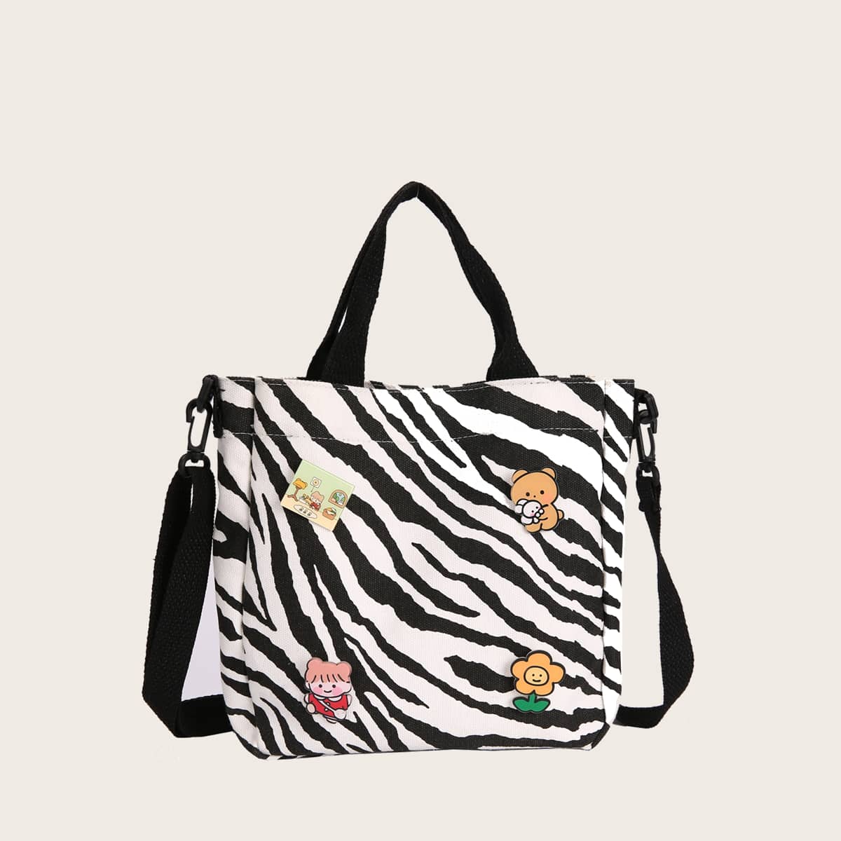 

Zebra Striped Canvas Tote Bag, Black
