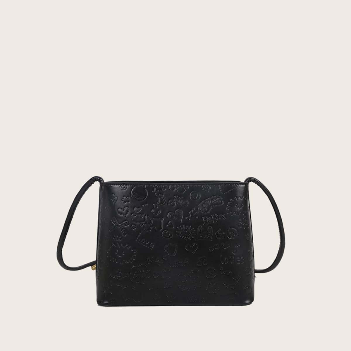 

Cartoon Embossed Crossbody Bag, Black