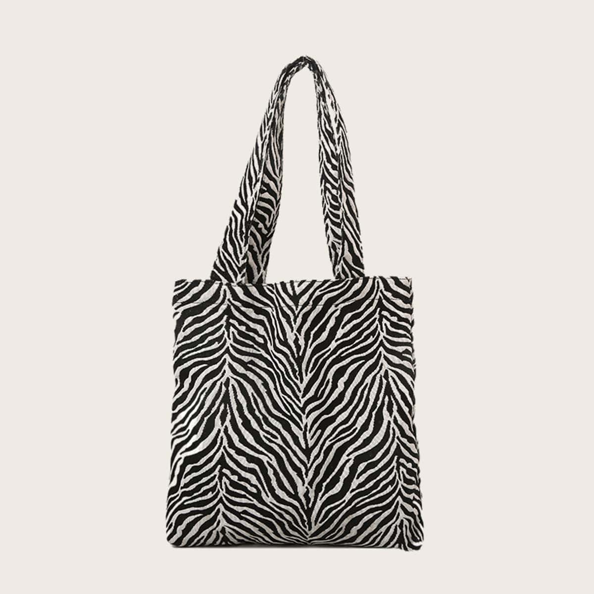 

Zebra Striped Tote Bag, Black
