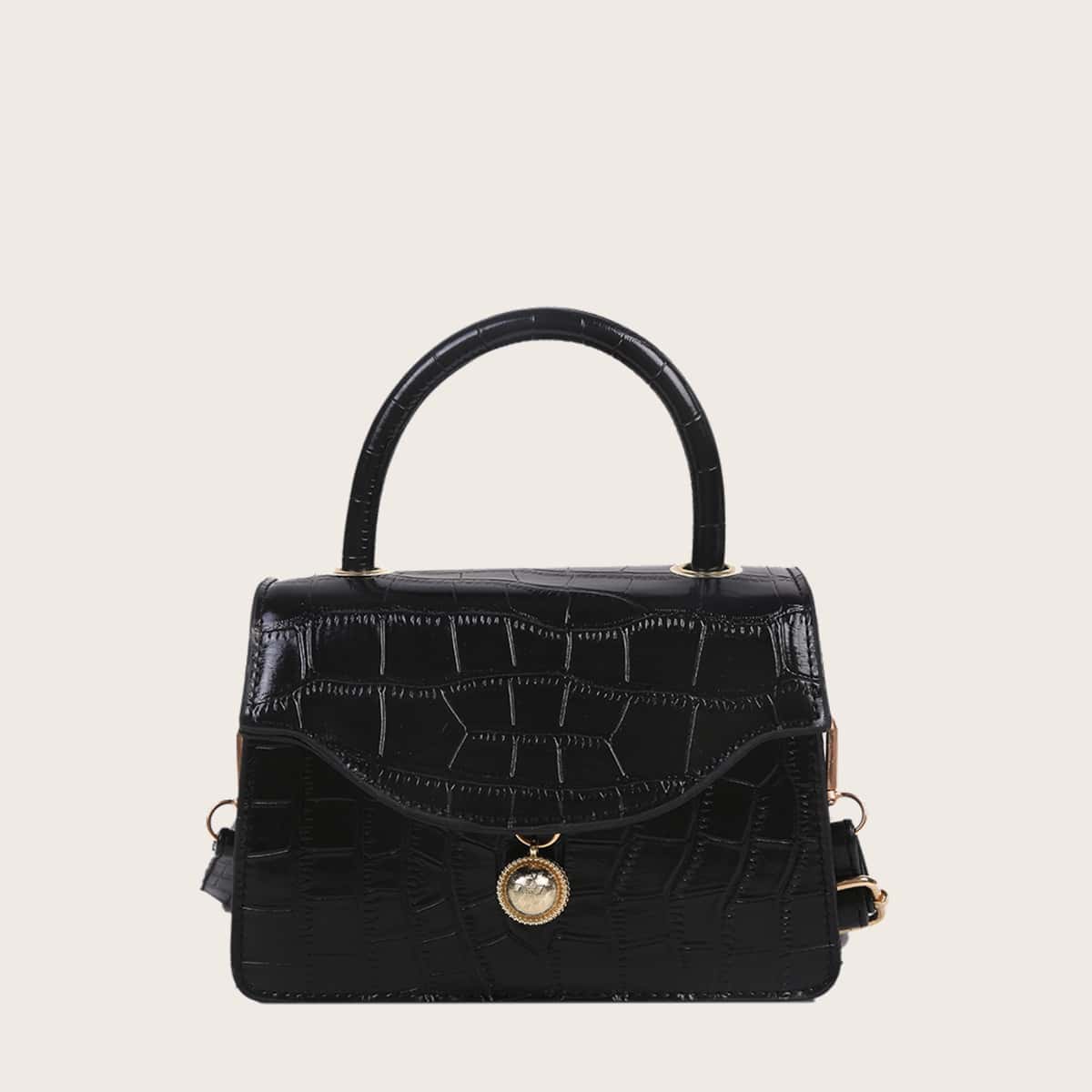 

Croc Embossed Satchel Bag, Black