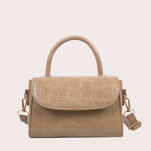 

Croc Embossed Flap Satchel Bag, Khaki