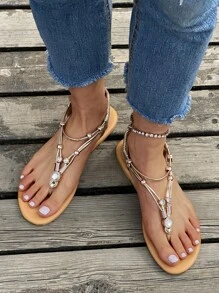 Women Rhinestone Decor Slingback Thong Sandals, Glamorous Summer Flat Sandals - Rose Gold - View 1