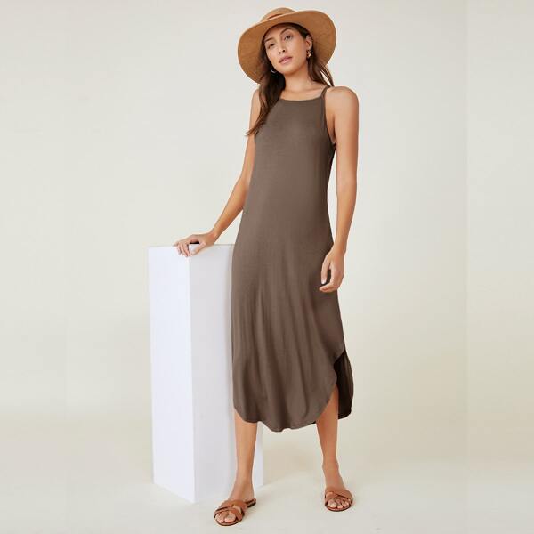 

Curved Hem Solid Cami Dress, Mocha brown