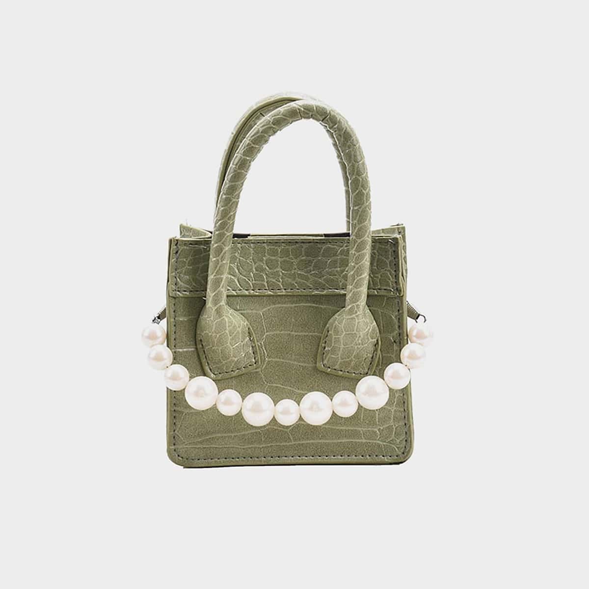 

Croc Embossed Faux Pearl Mini Satchel Bag, Green