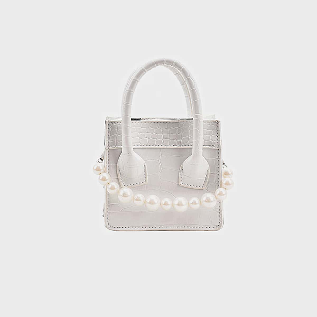

Croc Embossed Faux Pearl Mini Satchel Bag, White