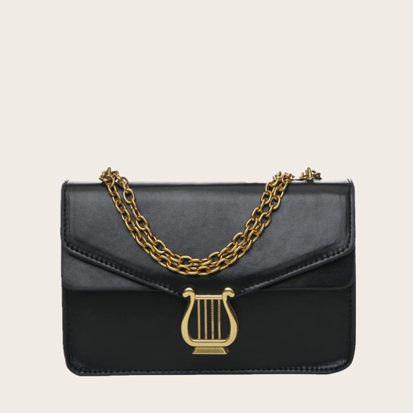 

Metal Decor Flap Chain Shoulder Bag, Black