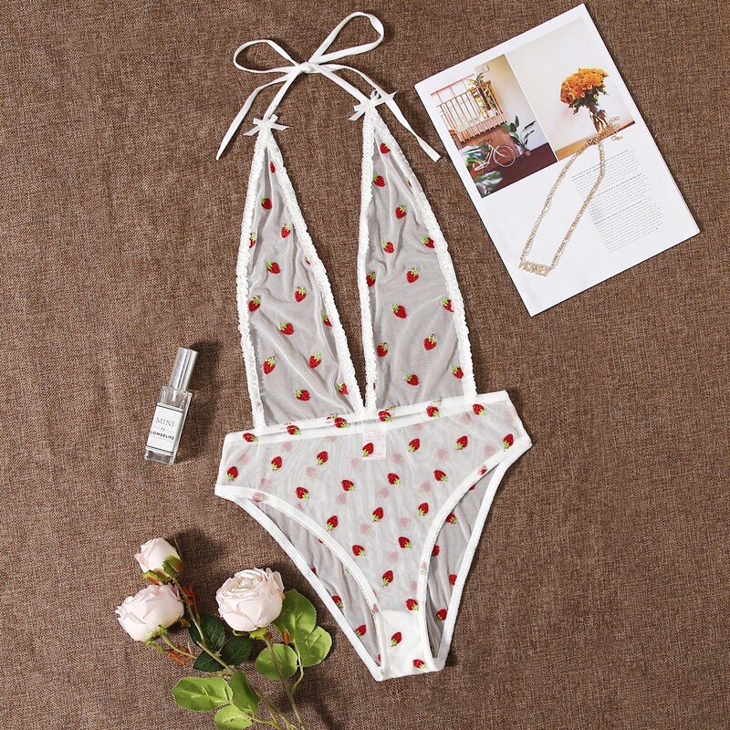 

Strawberry Embroidered Mesh Plunging Teddy Bodysuit, White