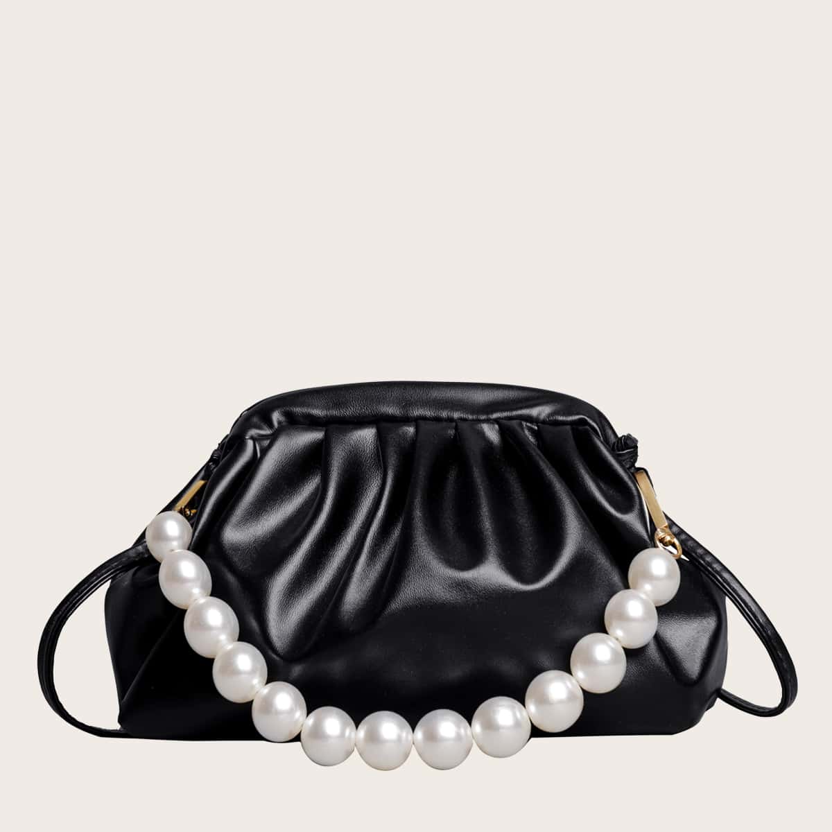 

Faux Pearl Handle Ruched Bag, Black