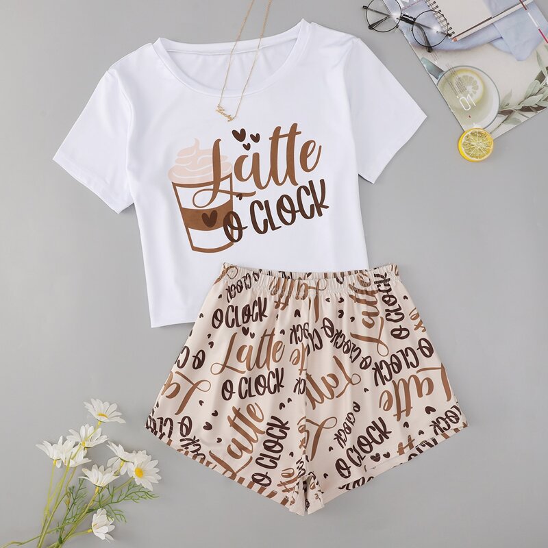 

Letter & Heart Print Tee With Shorts PJ Set, Multicolor
