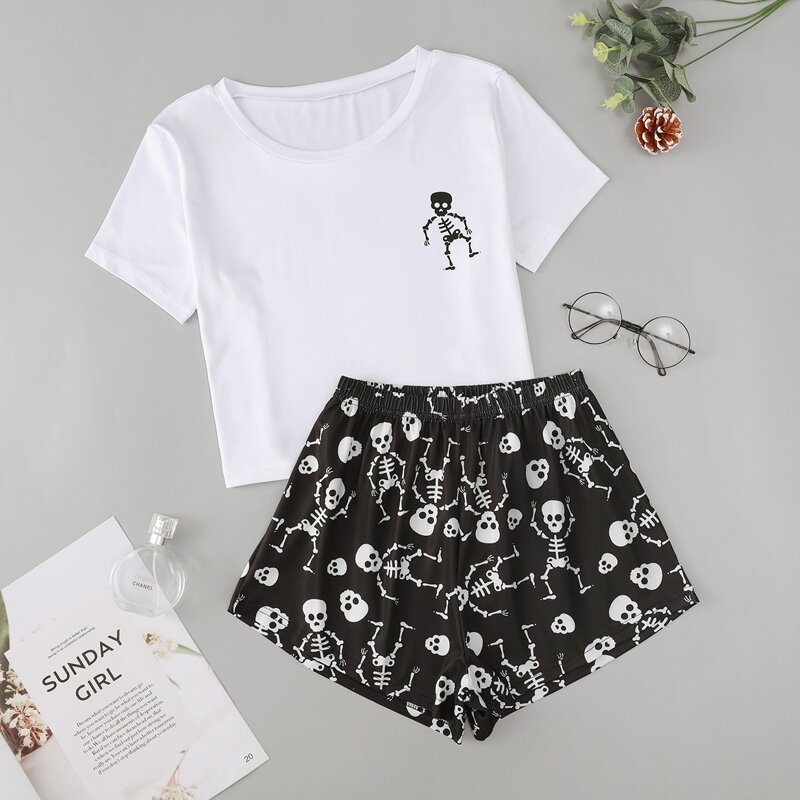 

Skeleton Print Pajama Set, Black and white
