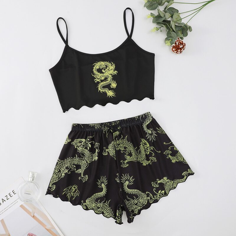 

Chinese Dragon Print Lettuce Trim Cami Pajama Set, Multicolor