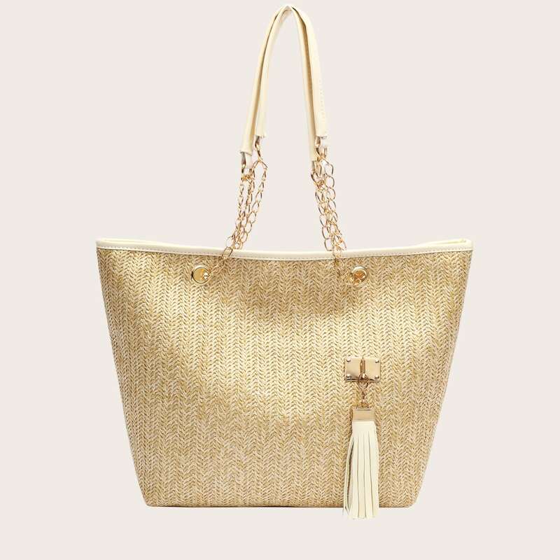 

Tassel Charm Straw Tote Bag, Khaki