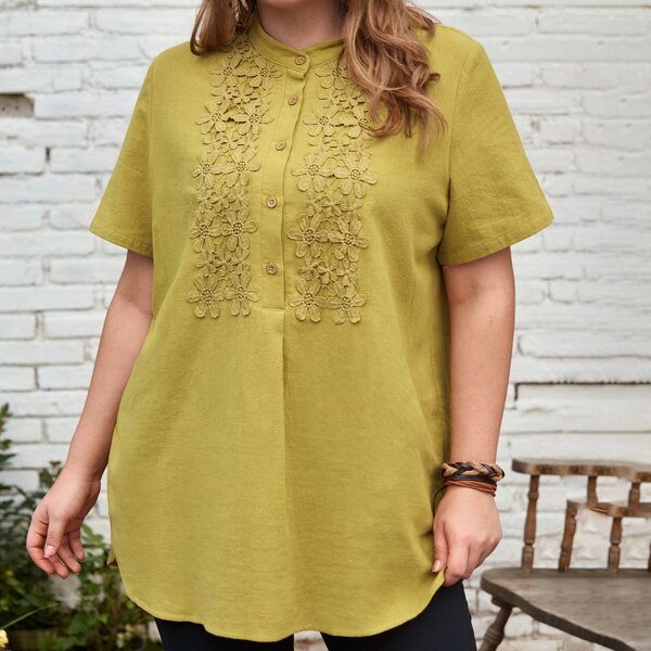 

Plus Floral Patched Half Button Blouse, Mustard yellow