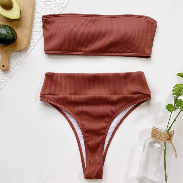 

Rib Bandeau High Waisted Bikini Swimsuit, Rust brown