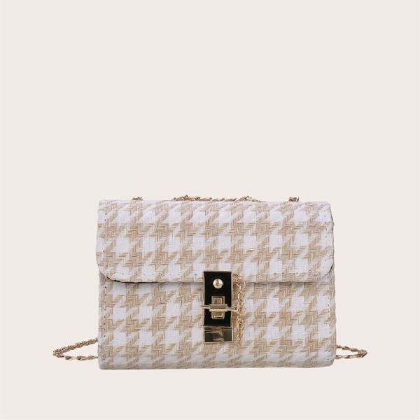 

Houndstooth Toggle Lock Flap Chain Shoulder Bag, Beige