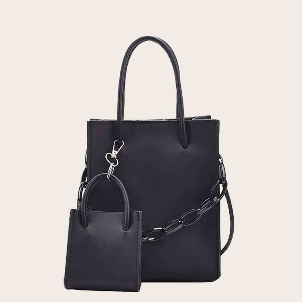 

Solid Chain Bag With Mini Satchel Bag, Black