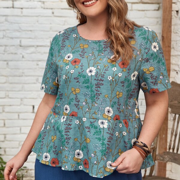 

Plus Floral Print Peplum Blouse, Mint green