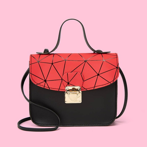 

Geometric Graphic Push Lock Satchel Bag, Red