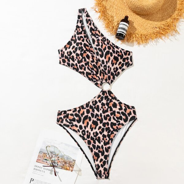 

Leopard Cut-out Ring Linked One Piece Swimsuit, Multicolor