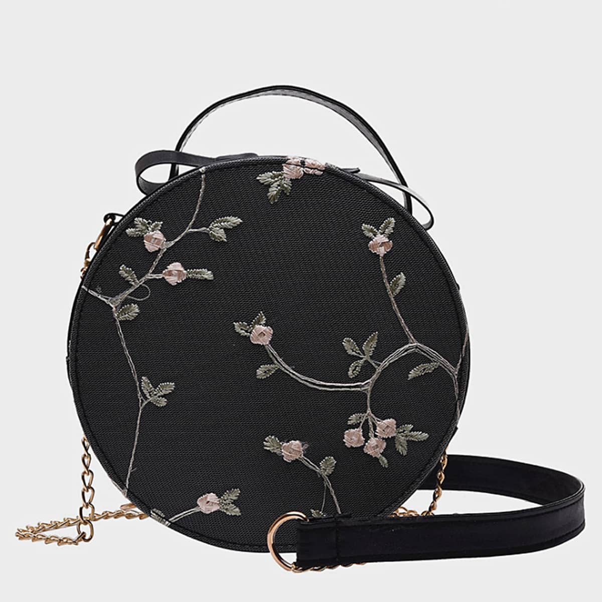 

Floral Embroidery Round Satchel Bag, Black