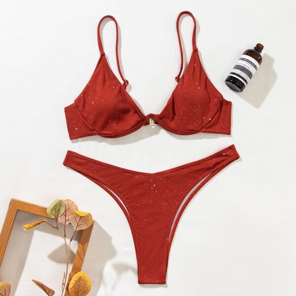 

Rib Underwire Bikini Swimsuit, Rust brown