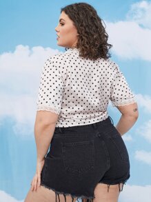 Plus Polka Dot Knot Front Contrast Lace Crop Top - Beige - View 2