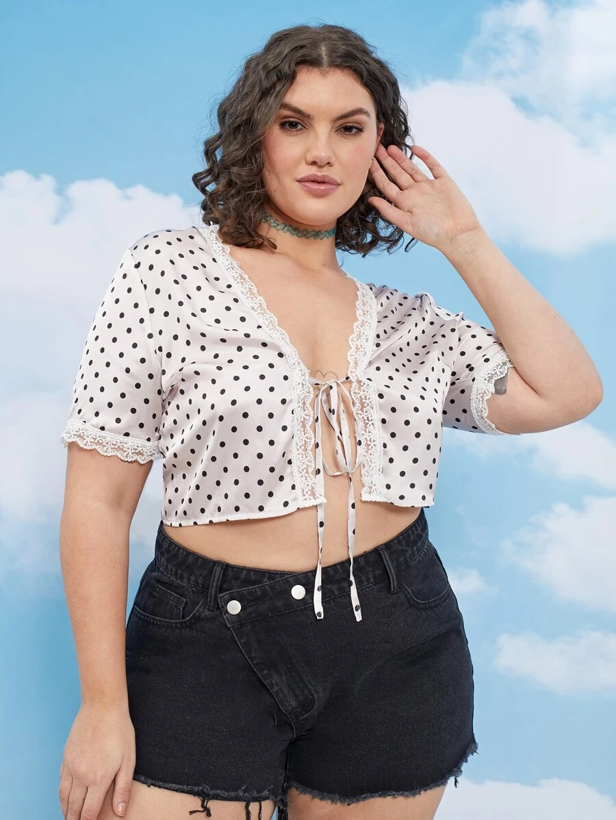Plus Polka Dot Knot Front Contrast Lace Crop Top - Beige - View 1