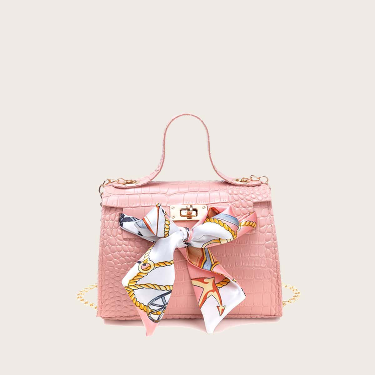 

Scarf Knot Croc Embossed Satchel Bag, Pink