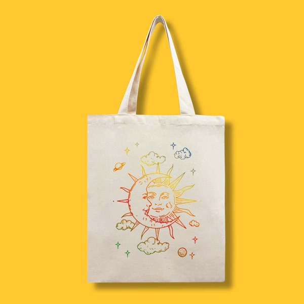 

Cartoon Sun & Moon Print Canvas Tote Bag, Beige