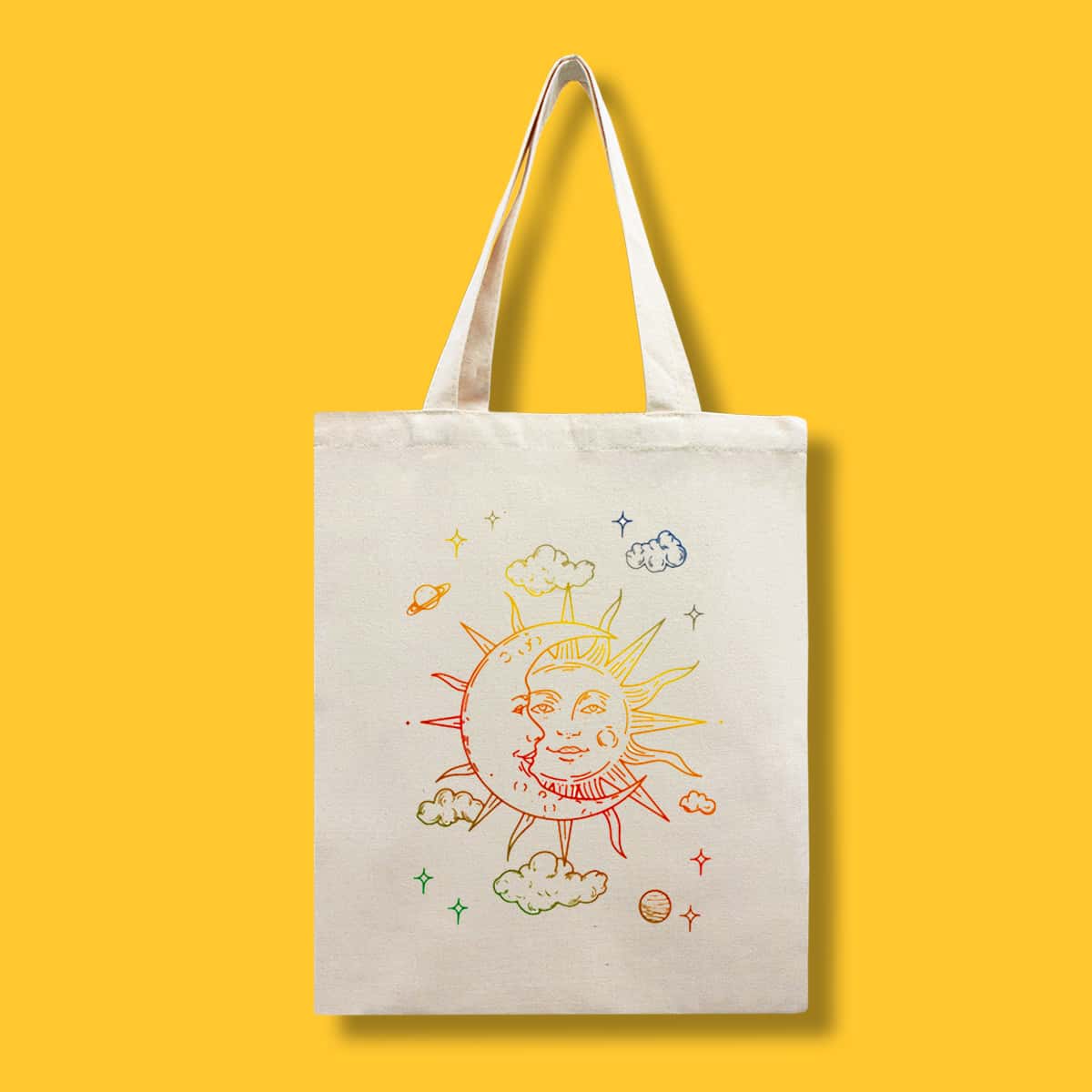 

Cartoon Sun & Moon Print Canvas Tote Bag, Beige