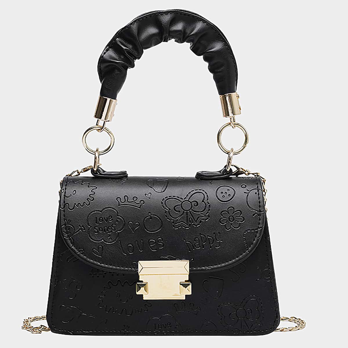 

Cartoon Embossed Chain Satchel Bag, Black