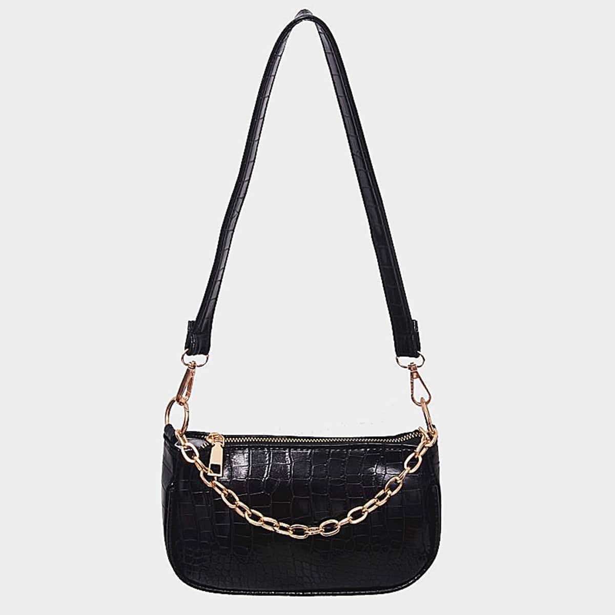 

Croc Embossed Chain Baguette Bag, Black